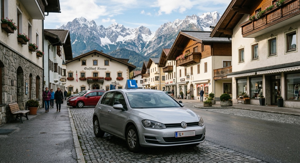 Führerschein Preisvergleich Österreich: Fahrschulauto mit L-Tafel in österreichischer Kleinstadt